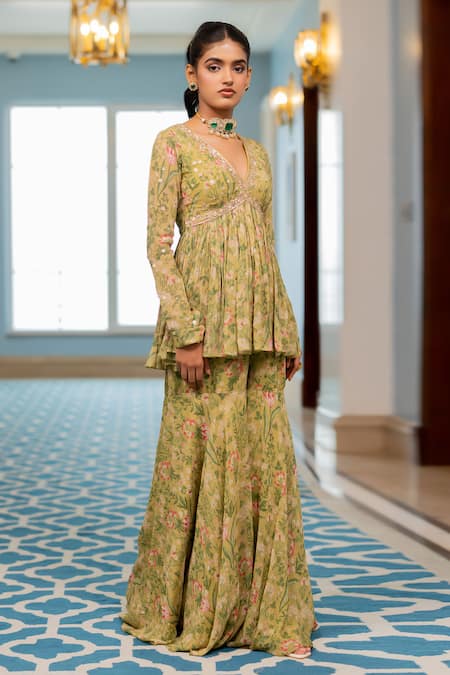 Paulmi And Harsh_Green Georgette Embroidery V-neck Multi Floral Peplum Tunic And Sharara Set _at_Aza_Fashions