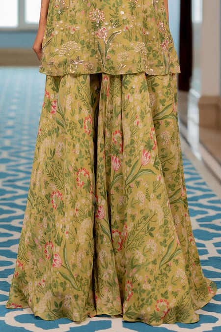 Paulmi And Harsh Green Georgette, Shantoon Embroidery V-neck Floral Printed Kurta Sharara Set Online at Aza Fashions Paulmi And Harsh_Green Georgette, Shantoon Embroidery V-neck Floral Printed Kurta Sharara Set _Online_at_Aza_Fashions