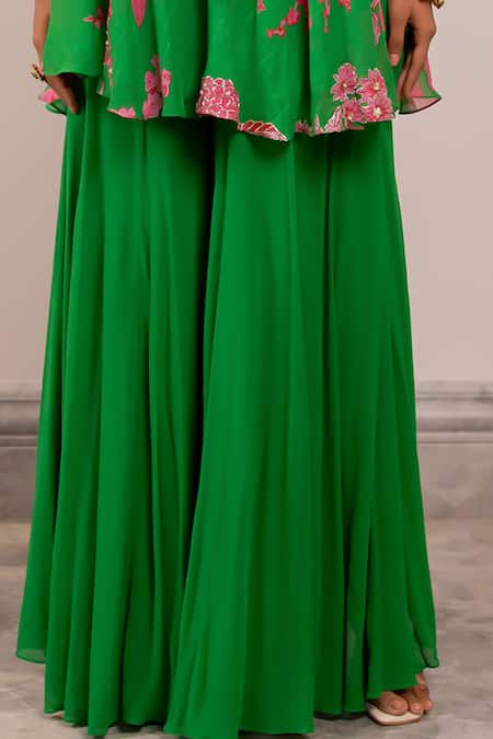 Paulmi And Harsh Green Georgette Embroidery Round Neck Floral Printed Tunic And Palazzo Set Online at Aza Fashions Paulmi And Harsh_Green Georgette Embroidery Round Neck Floral Printed Tunic And Palazzo Set _Online_at_Aza_Fashions