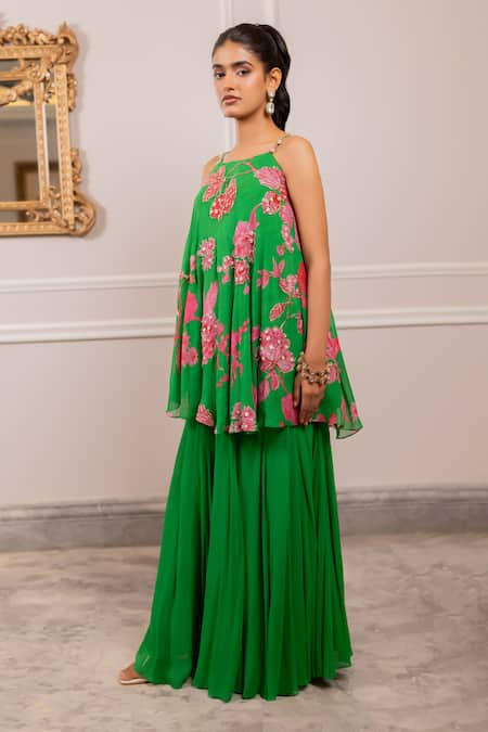 Shop Paulmi And Harsh Green Georgette Embroidery Round Neck Floral Printed Tunic And Palazzo Set Online at Aza Fashions Shop_Paulmi And Harsh_Green Georgette Embroidery Round Neck Floral Printed Tunic And Palazzo Set _Online_at_Aza_Fashions