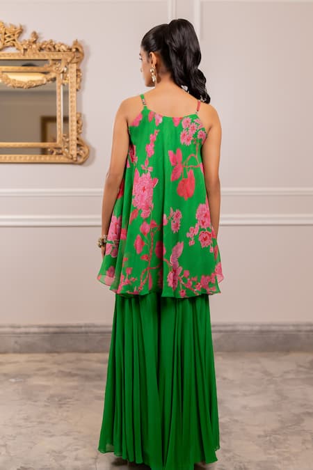 Paulmi And Harsh Floral Printed Green Tunic & Palazzo Set 