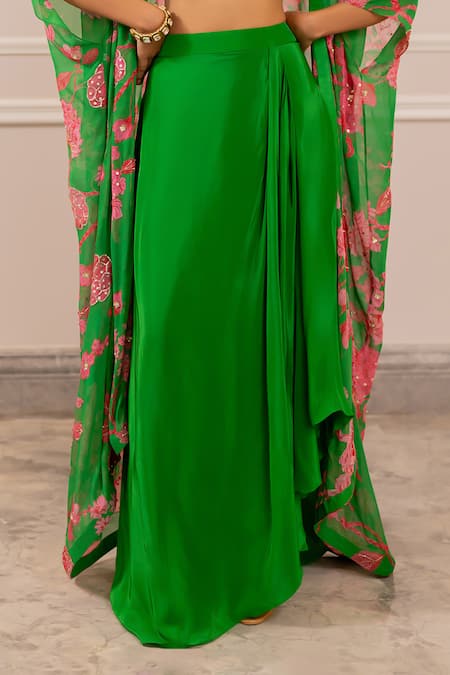 Paulmi And Harsh_Green Silk, Crepe, Georgette Embroidery Round Neck Floral Printed Jacket Set _Online_at_Aza_Fashions