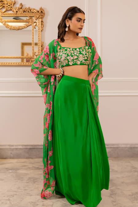 Buy_Paulmi And Harsh_Green Silk, Crepe, Georgette Embroidery Round Neck Floral Printed Jacket Set _Online_at_Aza_Fashions