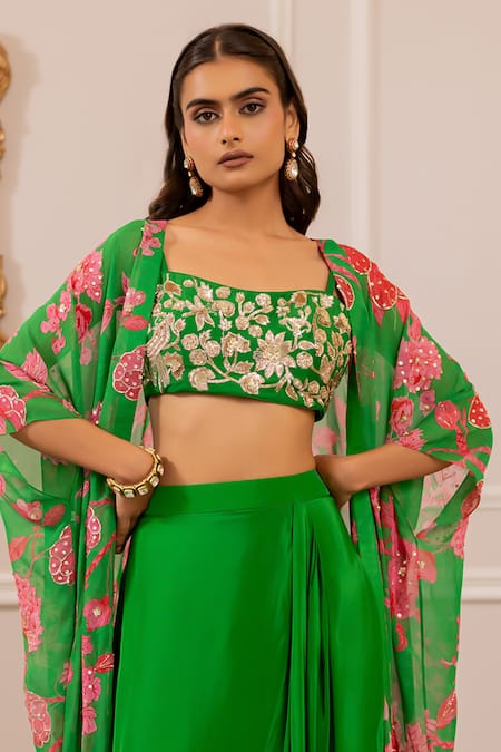 Shop_Paulmi And Harsh_Green Silk, Crepe, Georgette Embroidery Round Neck Floral Printed Jacket Set _Online_at_Aza_Fashions