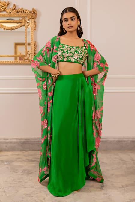 Paulmi And Harsh_Green Silk, Crepe, Georgette Embroidery Round Neck Floral Printed Jacket Set _at_Aza_Fashions
