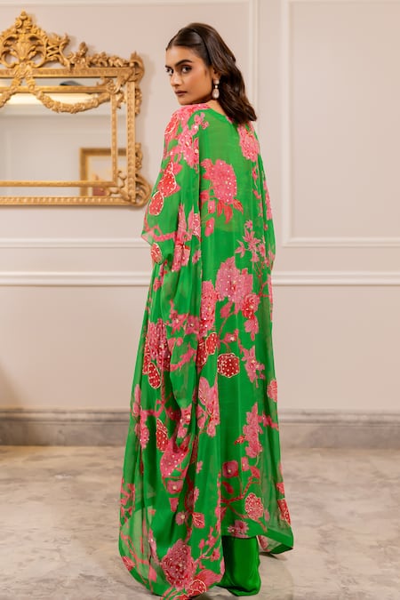 Paulmi And Harsh Green Floral Printed Jacket Set 