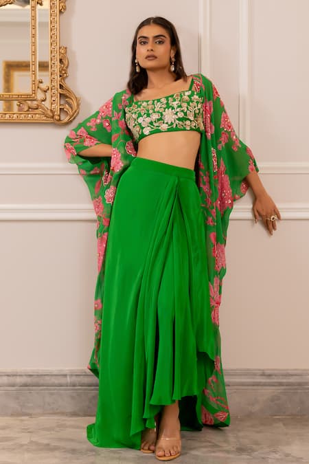 Buy_Paulmi And Harsh_Green Silk, Crepe, Georgette Embroidery Round Neck Floral Printed Jacket Set 