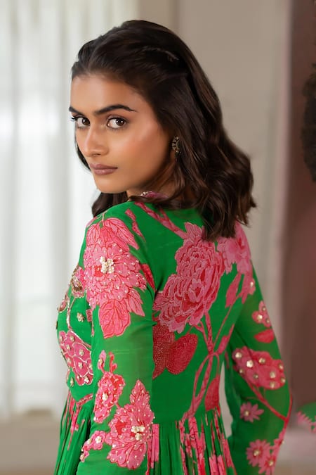 Paulmi And Harsh_Green Georgette, Shantoon Sequins, Floral Print Peplum Tunic And Palazzo Set _Online_at_Aza_Fashions