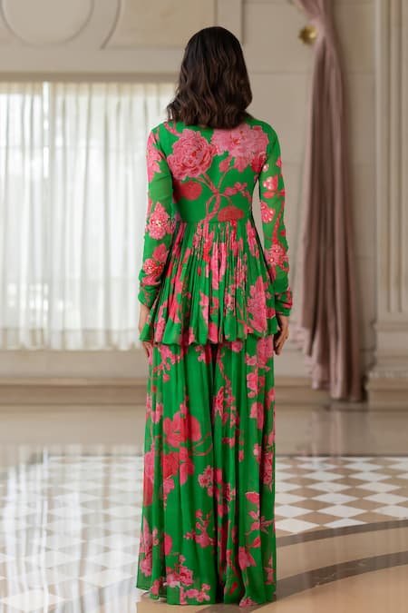 Paulmi And Harsh Floral Print Peplum Tunic & Palazzo Set 