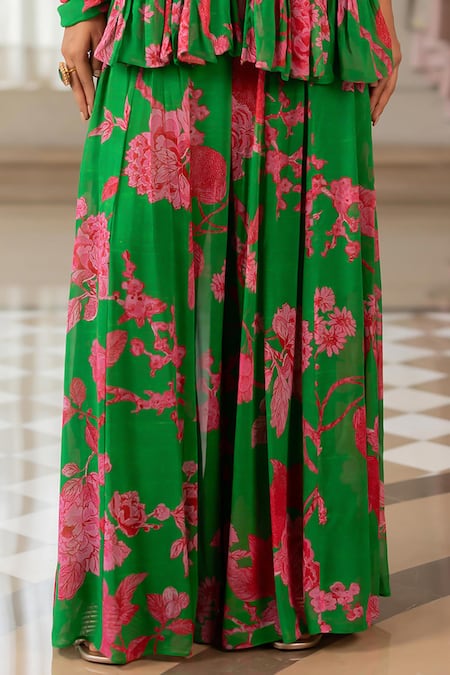 Buy_Paulmi And Harsh_Green Georgette, Shantoon Sequins, Floral Print Peplum Tunic And Palazzo Set _Online_at_Aza_Fashions