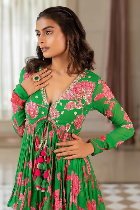 Paulmi And Harsh_Green Georgette, Shantoon Sequins, Floral Print Peplum Tunic And Palazzo Set _at_Aza_Fashions