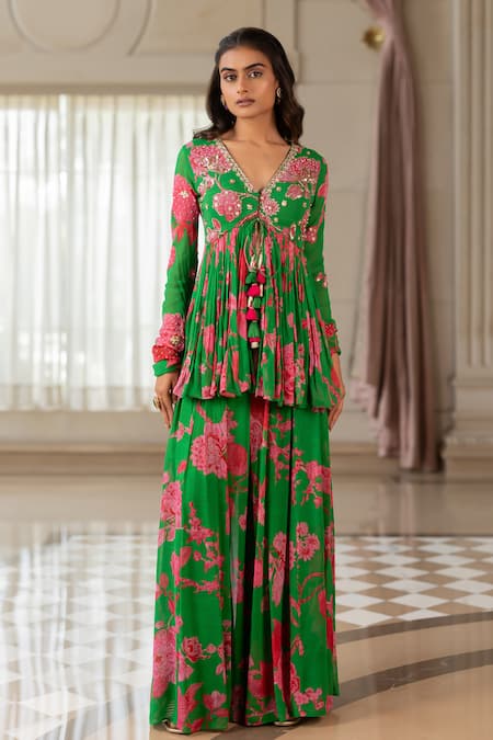 Paulmi And Harsh Green Georgette, Shantoon Sequins, Floral Print Peplum Tunic And Palazzo Set