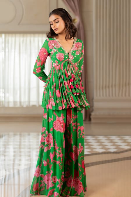 Buy_Paulmi And Harsh_Green Georgette, Shantoon Sequins, Floral Print Peplum Tunic And Palazzo Set 