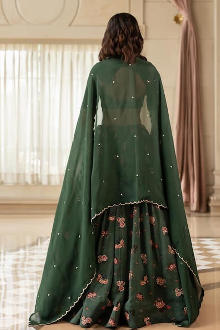 Paulmi And Harsh_Green Organza Round Neck Floral Print Lehenga Set _Online_at_Aza_Fashions