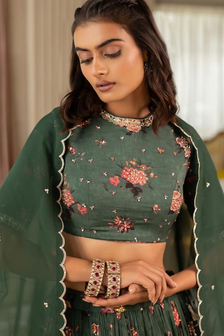 Buy_Paulmi And Harsh_Green Organza Round Neck Floral Print Lehenga Set _Online_at_Aza_Fashions