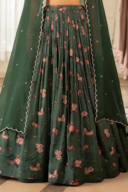Shop_Paulmi And Harsh_Green Organza Round Neck Floral Print Lehenga Set _Online_at_Aza_Fashions