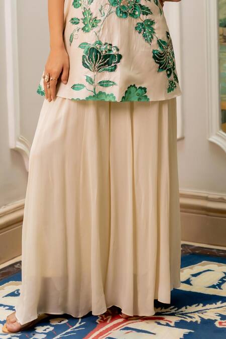 Paulmi And Harsh Ivory Georgette Sequins, Embroidery Round Neck Floral Print Kurta And Palazzo Set Online at Aza Fashions Paulmi And Harsh_Ivory Georgette Sequins, Embroidery Round Neck Floral Print Kurta And Palazzo Set _Online_at_Aza_Fashions