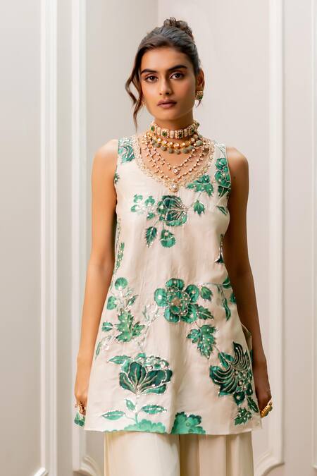 Buy Paulmi And Harsh Ivory Georgette Sequins, Embroidery Round Neck Floral Print Kurta And Palazzo Set Online at Aza Fashions Buy_Paulmi And Harsh_Ivory Georgette Sequins, Embroidery Round Neck Floral Print Kurta And Palazzo Set _Online_at_Aza_Fashions