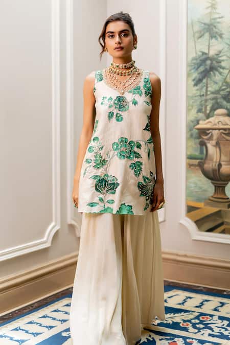 Shop Paulmi And Harsh Ivory Georgette Sequins, Embroidery Round Neck Floral Print Kurta And Palazzo Set Online at Aza Fashions Shop_Paulmi And Harsh_Ivory Georgette Sequins, Embroidery Round Neck Floral Print Kurta And Palazzo Set _Online_at_Aza_Fashions