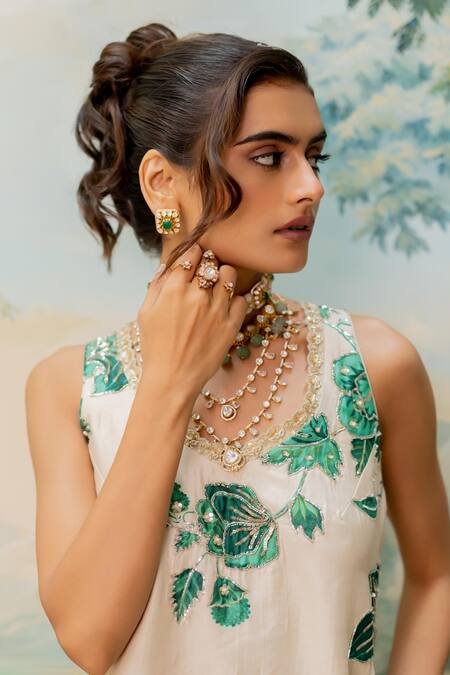 Paulmi And Harsh Ivory Georgette Sequins, Embroidery Round Neck Floral Print Kurta And Palazzo Set at Aza Fashions Paulmi And Harsh_Ivory Georgette Sequins, Embroidery Round Neck Floral Print Kurta And Palazzo Set _at_Aza_Fashions