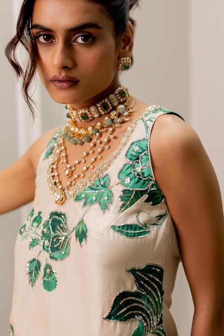 Buy Paulmi And Harsh Ivory Georgette Sequins, Embroidery Round Neck Floral Print Kurta And Palazzo Set Buy_Paulmi And Harsh_Ivory Georgette Sequins, Embroidery Round Neck Floral Print Kurta And Palazzo Set
