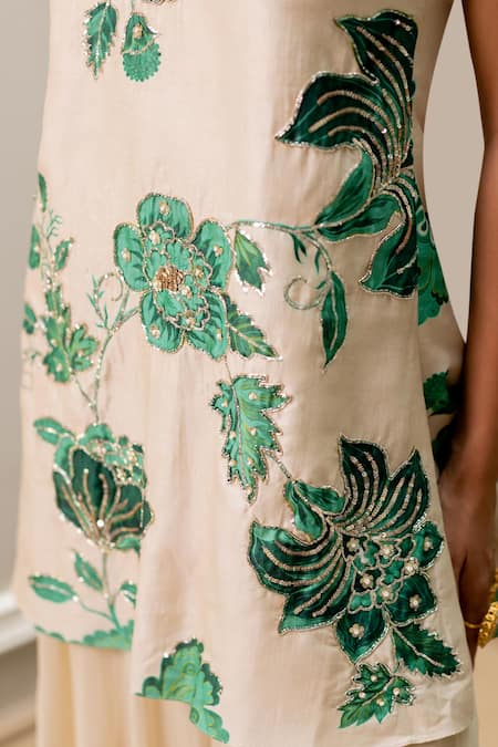 Shop Paulmi And Harsh Ivory Georgette Sequins, Embroidery Round Neck Floral Print Kurta And Palazzo Set Shop_Paulmi And Harsh_Ivory Georgette Sequins, Embroidery Round Neck Floral Print Kurta And Palazzo Set