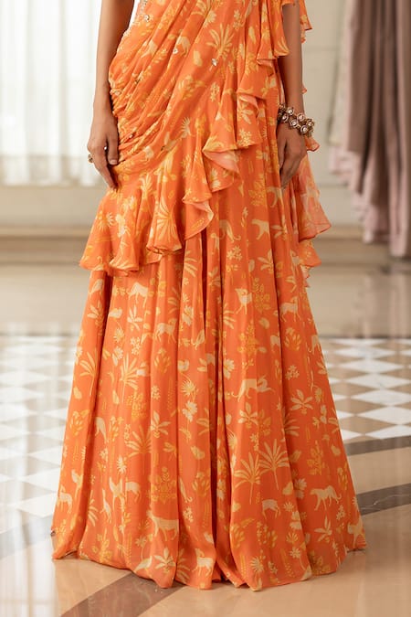 Shop_Paulmi And Harsh_Orange Georgette Embroidery V-neck Pre-draped Saree Set _Online_at_Aza_Fashions