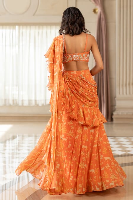 Paulmi And Harsh_Orange Georgette Embroidery V-neck Pre-draped Saree Set _at_Aza_Fashions