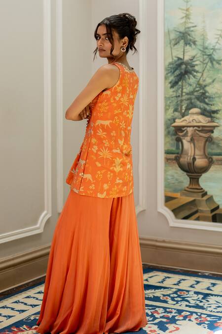 Paulmi And Harsh Orange Georgette Embroidery Round Neck Designer Kurta And Palazzo Set Online at Aza Fashions Paulmi And Harsh_Orange Georgette Embroidery Round Neck Designer Kurta And Palazzo Set _Online_at_Aza_Fashions