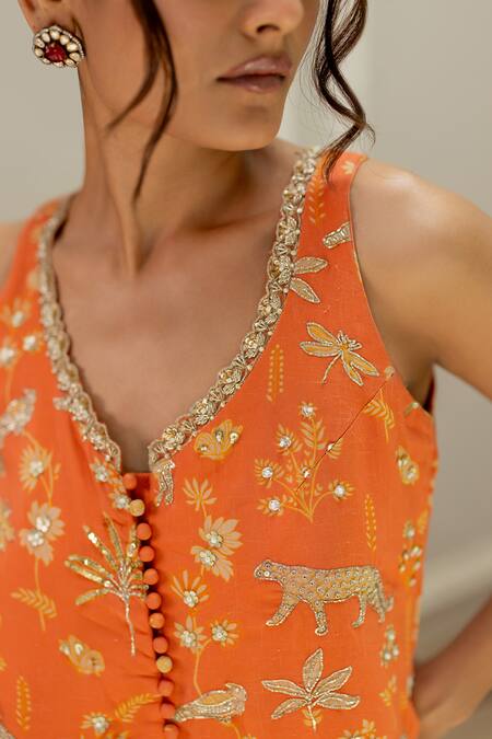 Shop Paulmi And Harsh Orange Georgette Embroidery Round Neck Designer Kurta And Palazzo Set Online at Aza Fashions Shop_Paulmi And Harsh_Orange Georgette Embroidery Round Neck Designer Kurta And Palazzo Set _Online_at_Aza_Fashions