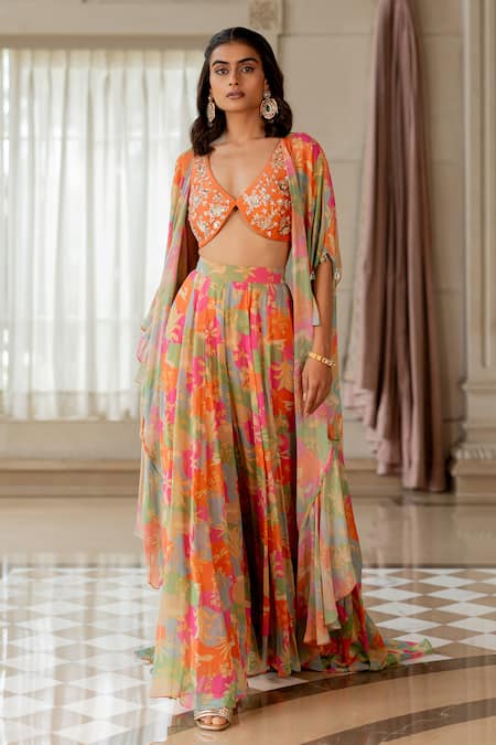 Buy Paulmi And Harsh Pink Georgette Embroidery Round Neck Multi Printed Jacket Set Buy_Paulmi And Harsh_Pink Georgette Embroidery Round Neck Multi Printed Jacket Set