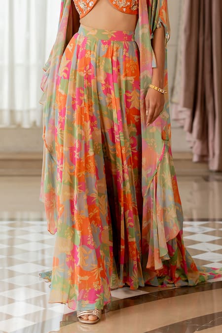 Shop Paulmi And Harsh Pink Georgette Embroidery Round Neck Multi Printed Jacket Set Shop_Paulmi And Harsh_Pink Georgette Embroidery Round Neck Multi Printed Jacket Set