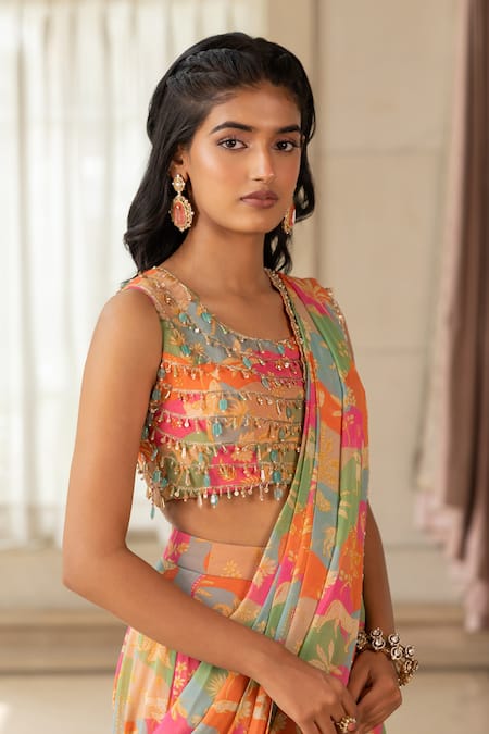 Paulmi And Harsh_Pink Georgette Beads, Sequins Round Designer Multi Printed Pre-draped Saree Set _Online_at_Aza_Fashions