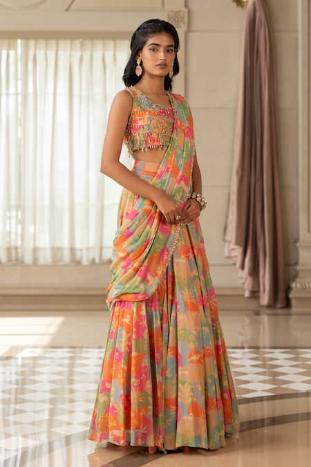 Shop_Paulmi And Harsh_Pink Georgette Beads, Sequins Round Designer Multi Printed Pre-draped Saree Set _Online_at_Aza_Fashions