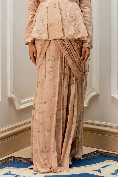 Paulmi And Harsh Pink Georgette, Shantoon Embroidery Old Rose Pre-draped Saree And Blouse Set Online at Aza Fashions Paulmi And Harsh_Pink Georgette, Shantoon Embroidery Old Rose Pre-draped Saree And Blouse Set _Online_at_Aza_Fashions