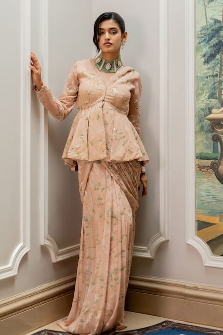 Paulmi And Harsh Pink Georgette, Shantoon Embroidery Old Rose Pre-draped Saree And Blouse Set