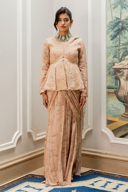 Buy Paulmi And Harsh Pink Georgette, Shantoon Embroidery Old Rose Pre-draped Saree And Blouse Set Online at Aza Fashions Buy_Paulmi And Harsh_Pink Georgette, Shantoon Embroidery Old Rose Pre-draped Saree And Blouse Set _Online_at_Aza_Fashions