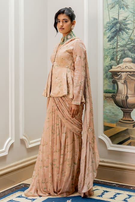 Shop Paulmi And Harsh Pink Georgette, Shantoon Embroidery Old Rose Pre-draped Saree And Blouse Set Online at Aza Fashions Shop_Paulmi And Harsh_Pink Georgette, Shantoon Embroidery Old Rose Pre-draped Saree And Blouse Set _Online_at_Aza_Fashions