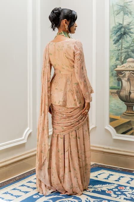 Shop Paulmi And Harsh Pink Georgette, Shantoon Embroidery Old Rose Pre-draped Saree And Blouse Set at Aza Fashions Shop_Paulmi And Harsh_Pink Georgette, Shantoon Embroidery Old Rose Pre-draped Saree And Blouse Set _at_Aza_Fashions