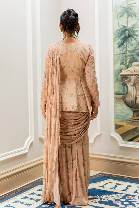 Paulmi And Harsh Pink Georgette, Shantoon Embroidery Old Rose Pre-draped Saree And Blouse Set at Aza Fashions Paulmi And Harsh_Pink Georgette, Shantoon Embroidery Old Rose Pre-draped Saree And Blouse Set _at_Aza_Fashions