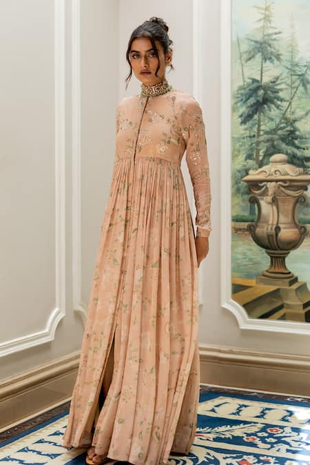Paulmi And Harsh Pink Georgette Embroidery, Beads Mandarin Collar Old Rose Anarkali Online at Aza Fashions Paulmi And Harsh_Pink Georgette Embroidery, Beads Mandarin Collar Old Rose Anarkali _Online_at_Aza_Fashions