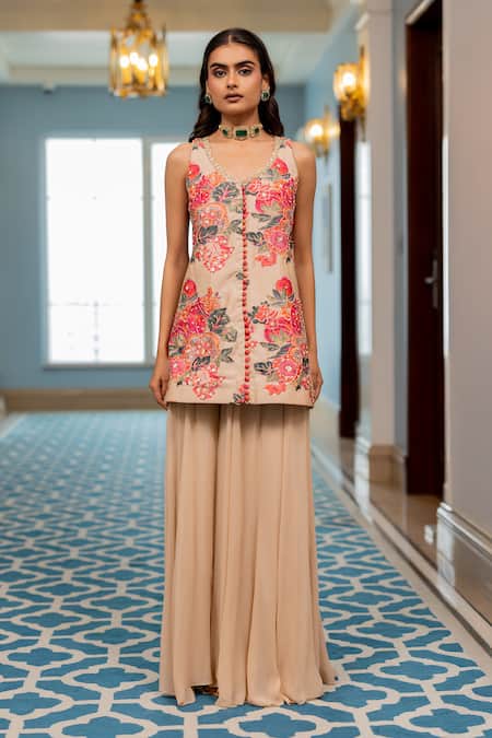 Paulmi And Harsh Pink Georgette Embroidery Round Neck Designer Floral Kurta And Palazzo Online at Aza Fashions Paulmi And Harsh_Pink Georgette Embroidery Round Neck Designer Floral Kurta And Palazzo _Online_at_Aza_Fashions