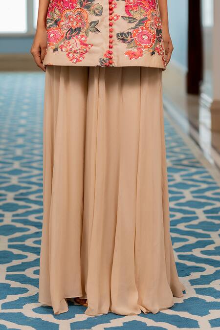 Shop Paulmi And Harsh Pink Georgette Embroidery Round Neck Designer Floral Kurta And Palazzo Online at Aza Fashions Shop_Paulmi And Harsh_Pink Georgette Embroidery Round Neck Designer Floral Kurta And Palazzo _Online_at_Aza_Fashions