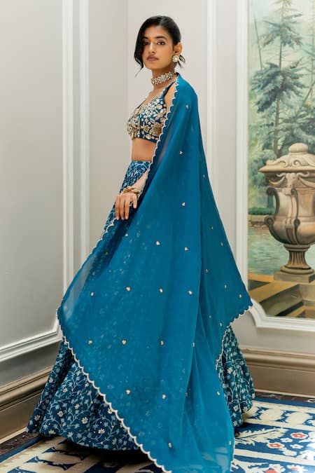 Paulmi And Harsh_Blue Silk, Organza Embroidery, Tassels, Sequins Round Neck Designer Lehenga Set _Online_at_Aza_Fashions