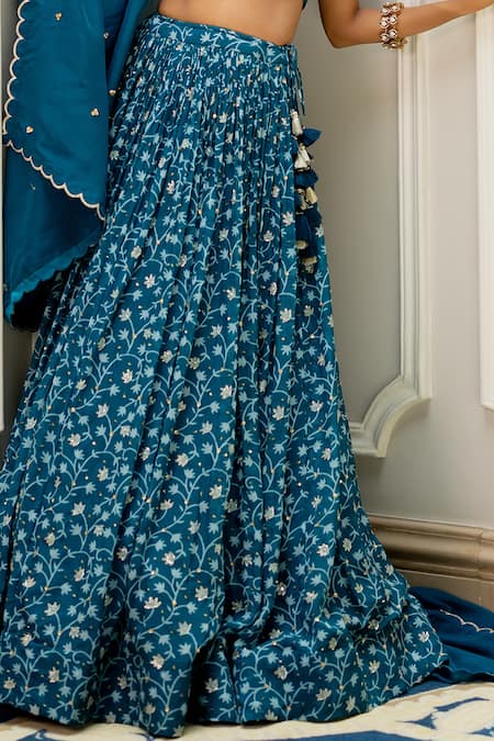Shop_Paulmi And Harsh_Blue Silk, Organza Embroidery, Tassels, Sequins Round Neck Designer Lehenga Set _Online_at_Aza_Fashions