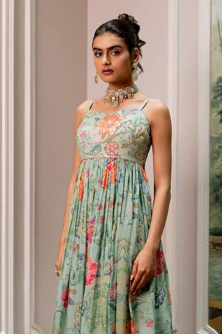 Paulmi And Harsh_Green Georgette, Shantoon Embroidery Round Neck Floral Maxi Dress _Online_at_Aza_Fashions