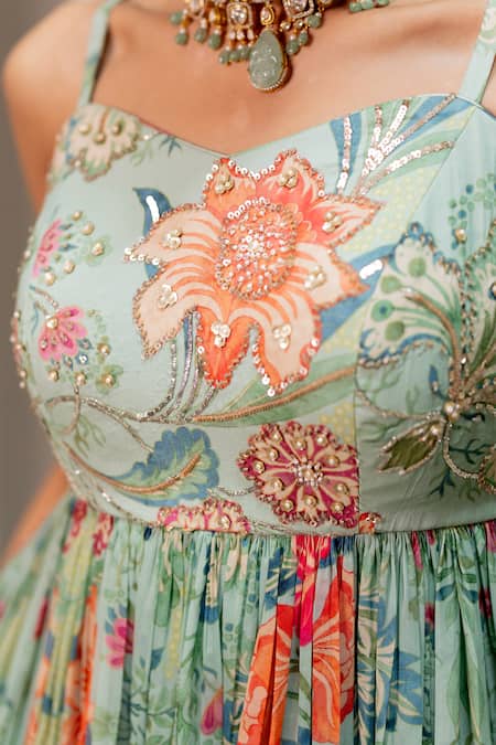 Buy_Paulmi And Harsh_Green Georgette, Shantoon Embroidery Round Neck Floral Maxi Dress _Online_at_Aza_Fashions