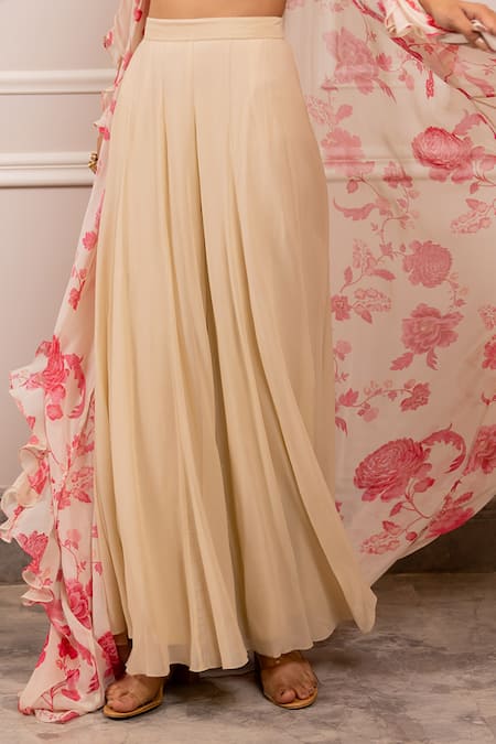 Paulmi And Harsh_Beige Georgette Sequins, Embroidery Round Neck, Open Floral Print Jacket Set _Online_at_Aza_Fashions