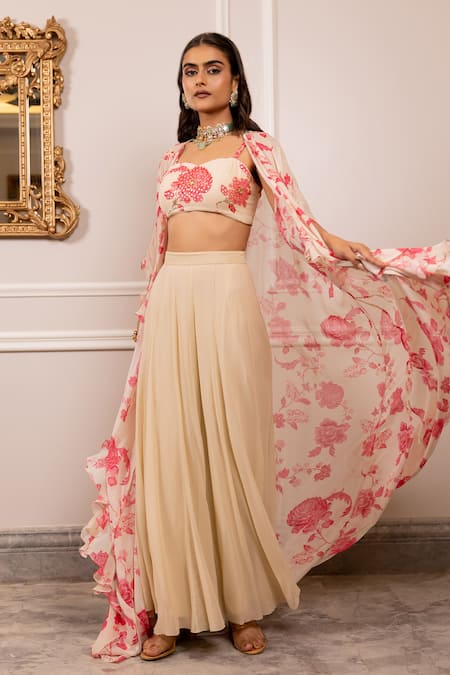 Buy_Paulmi And Harsh_Beige Georgette Sequins, Embroidery Round Neck, Open Floral Print Jacket Set _Online_at_Aza_Fashions