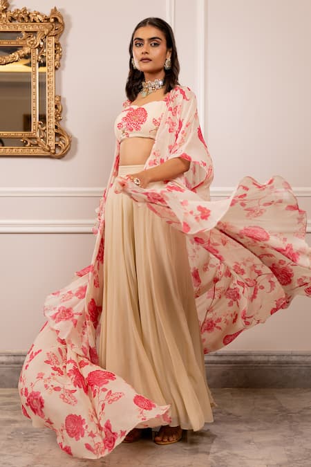 Shop_Paulmi And Harsh_Beige Georgette Sequins, Embroidery Round Neck, Open Floral Print Jacket Set _Online_at_Aza_Fashions